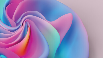 Dreamy pastel abstract fluid background with light blue, pink and yellow. Vivid rainbow colors colorful smooth waving silk textured wallpaper background banner.