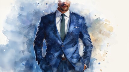 Produce a watercolor portrait of a professional in classic business attire seen from a tilted angle