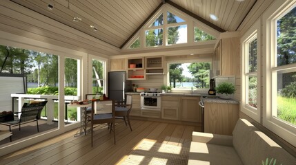 a minimalist tiny house kitchen crafted from oak wood, featuring open storage cabinets and seamlessly blending with the living room space.