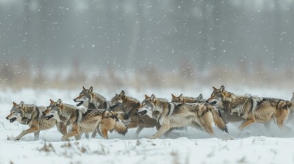 A cohesive pack of wolves trots through a snow-covered landscape, illustrating the beauty and harshness of nature