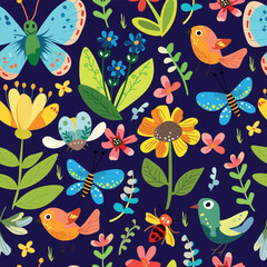 Pattern in children's style with flowers, butterflies and birds. Various elements on a dark background. Fabrics, wallpapers, etc. for decorating children's rooms.