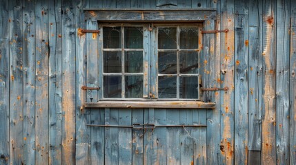 A close-up of an aged, rustic window set in a weathered wooden wall, detailed with peeling paint and iron hardware
