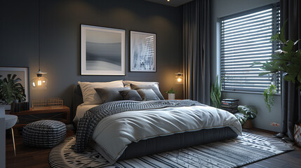 Modern bedroom, dark gray walls, geometric patterned throw pillows.