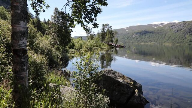 Norway mountain landscape of Setesdal valley near Hovden. Hartevatn lake summer view.