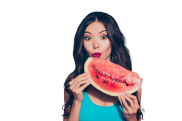 Portrait of her she nice positive amazed wondered girlish glamorous attractive charming wavy-haired lady red lips biting melon slice isolated on pink pastel background
