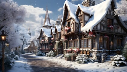 Winter scene with snow covered houses in the village. Christmas landscape.