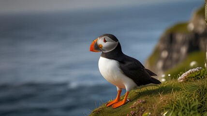 Fototapeta premium A majestic Atlantic puffin, Alca arctica, perched on the edge of a steep cliff, its vibrant orange beak and piercing eyes gazing out into the vast ocean.