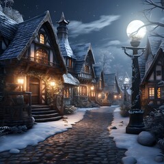 Winter night in a snowy village. Christmas background. 3d rendering