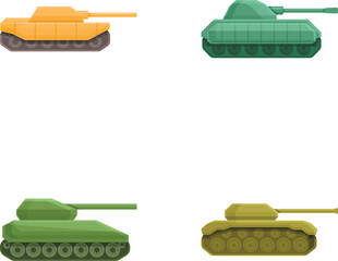 Naklejka premium War tank icons set cartoon vector. Heavy camouflage special machinery. Armored military vehicle