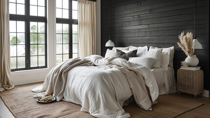 Modern farmhouse bedroom, black shiplap walls, white linen bedding.