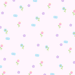 Illustration of flowers and love letter pattern for background, card, floral print, girly pattern, kid clothes, gift wrap, packaging, fabric, wallpaper, backdrop, women textile, garment, Valentine, ad