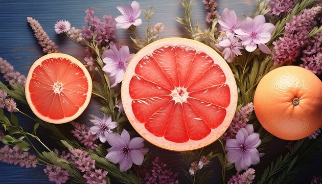 Composition de pamplemousses et de fleurs