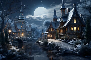 Halloween background with castle and moon. 3d render illustration.