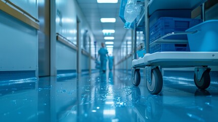 Obraz premium Hospital Corridor with Cleaning Supplies