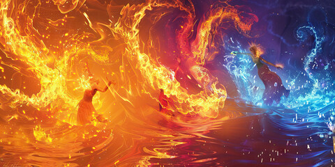 Enchanted Elements - A troupe of ethereal elementals gracefully weave through an otherworldly landscape, seamlessly blending fire, water, earth, and air into a mesmerizing dance that defies the laws