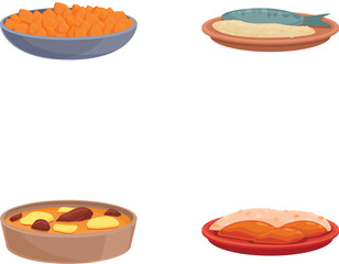 Caribbean cuisine icons set cartoon vector. Tasty caribbean cuisine dish. Food concept