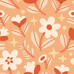 Cute seamless pattern with flowers and abstract botanical elements. Vector hand drawn floral background for textile, fabric, print or wallpaper.