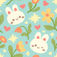 Vector seamless pattern with cute bunny and botanical elements. Hand drawn illustration with cartoon style for print, fabric, textile.