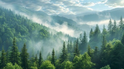Obraz premium Serene Misty Morning in a Mountain Forest - Nature Background with Fog and Trees