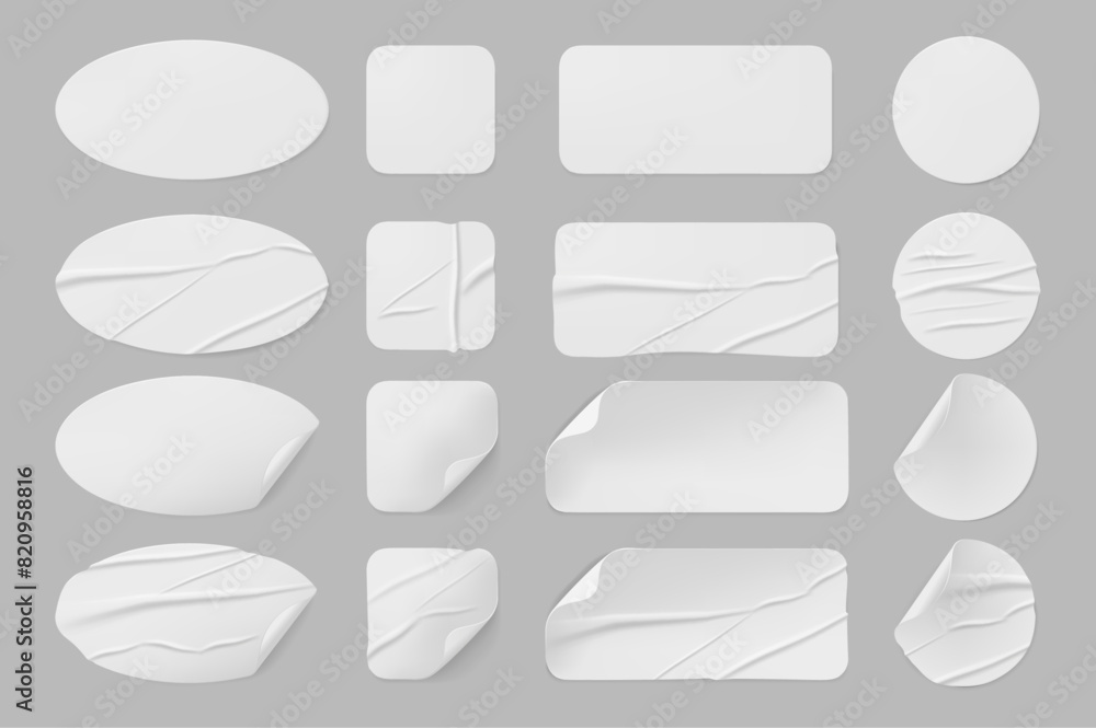 Poster Stickers and labels with crumpled and glued surface texture. Vector isolated set of blank round and square papers with folded corners. Copy space and mockup on wet sticky notes with wrinkles crease
