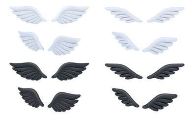 Retro or vintage 3d wings with feathers and plumage. Vector isolated angel, devil or avian animal bird part of body. Costume piece or fantasy winged decor. Flight or stylized decoration