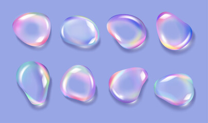 Holographic effect of water glass drop, isolated set of realistic 3d icons with shade and reflection. Vector fluorescent graphic decoration, gradient with rainbow color, transparent soap bubbles