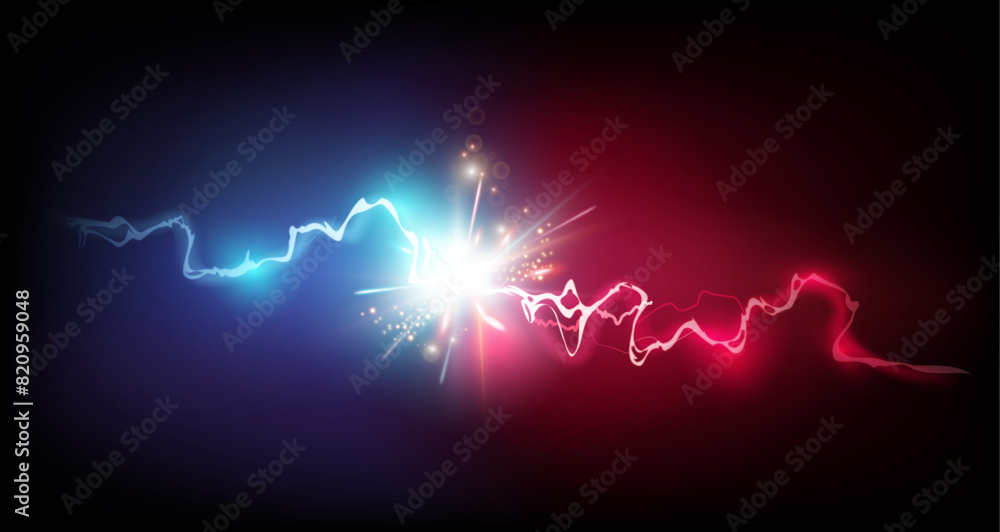 Poster lightning strikes red bolt vs blue light. vector isolated realistic thunderbolt with sparks and trai