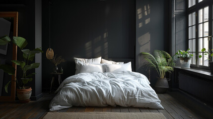 Serene bedroom, black walls, white linen duvet.