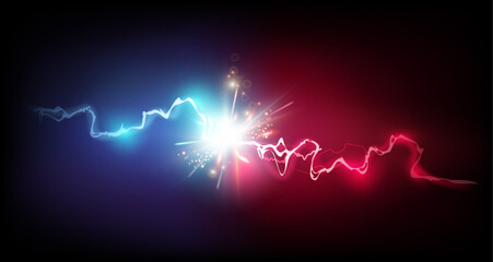 Lightning strikes red bolt vs blue light. Vector isolated realistic thunderbolt with sparks and trail ray. Fight or battle, versus explosion or energy force. Electrical discharge and flashes