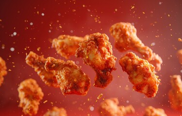 Spicy fried chicken crunches in the air and with fire giving an extra spicy and hot impression with a red background