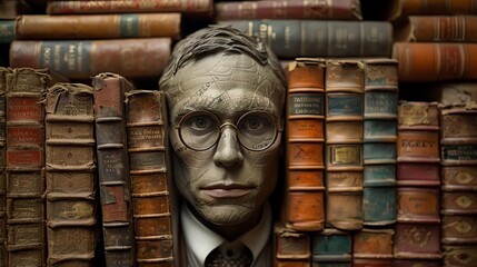 Vintage sculptures in a library setting, merging human features with antique book textures to create a unique artistic display.