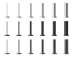 Glossy black steel pipes of various diameters, isolated matte silver and dark bases or stands with different thicknesses. Vector set of industrial construction material for architecture and design