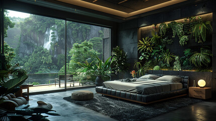 Spacious bedroom, black walls, private balcony.