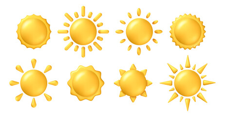 Sunny bright sun with rays and warming sunshine. Vector isolated set of realistic 3d icons for application UI or widgets showing forecast. Hot temperature or climate, warm and shining circles