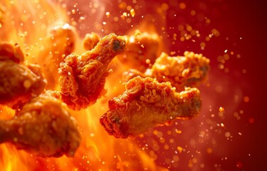 Spicy fried chicken crunches in the air and with fire giving an extra spicy and hot impression with a red background
