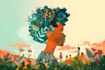 A woman's head is covered in flowers and leaves. The image is a representation of the importance of nature and the beauty of the natural world. The people in the background are enjoying the scenery