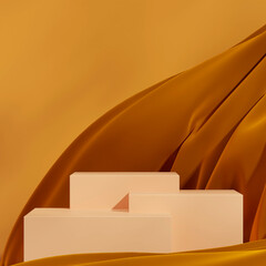 in square floating orange fabric, 3d rendering blank mockup brown block shape podium
