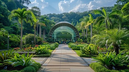 Naklejka premium Botanical gardens conservation tour Front view of students learning about plant conservation and botanical research in a lush garden Botanical Learning Futuristic tone Monochrom