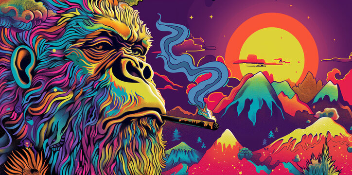 Bigfoot smoking a joint - vivid psychedelic style art of a sasquatch blazing a blunt at sunrise with mountain view