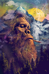 Bigfoot smoking a joint poster - vivid psychedelic style art of a sasquatch blazing a blunt at sunrise with mountain view