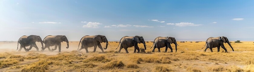 Fototapeta premium Elephants migrating through an unusually dry savannah, dust swirling, sun harsh and unforgiving