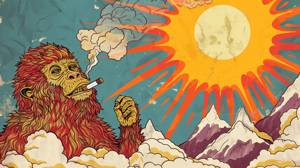 Bigfoot smoking a joint - vivid psychedelic style art of a sasquatch blazing a blunt at sunrise with mountain view