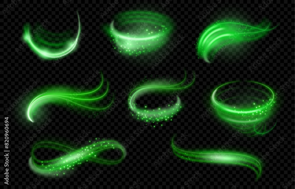 Poster Abstract wind swirls with mint leaves and sparkles. Vector realistic air vortex and waves, curved lines with tiny pieces of flying foliage. Bright rays of light glowing energy and twinkles