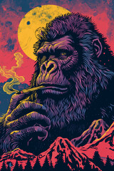 Bigfoot smoking a joint poster - vivid psychedelic style art of a sasquatch blazing a blunt at sunrise with mountain view