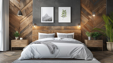 Wooden headboard with a geometric metal sculpture and two sleek photo frames displaying abstract art. Modern minimalist decor with copy space.