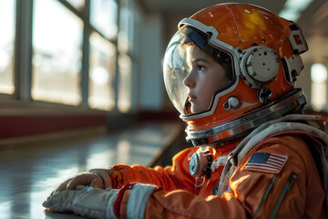 Child In Astronaut Space Suit Inside School Hopeful Aspiring Future Career Job Occupation Concept	