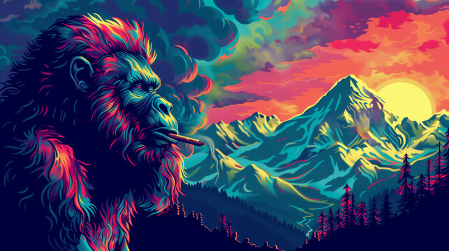 Bigfoot smoking a joint - vivid psychedelic style art of a sasquatch blazing a blunt at sunrise with mountain view