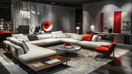 a stylish modular sofa as the focal point, surrounded by modern furniture, including a wooden coffee table.