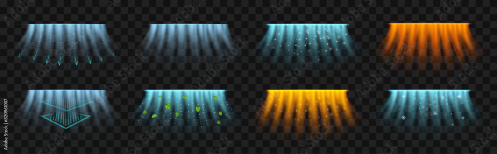 Poster air conditioner fresh air flow and wind. vector isolated realistic set of breezy and heated waves. c