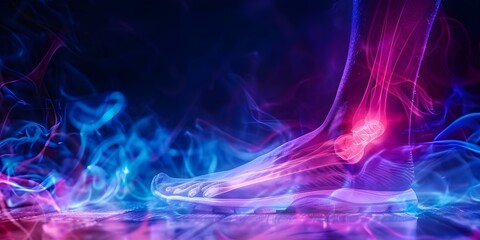 Image of foot with highlighted heel symbolizing plantar fasciitis causing walking difficulty. Concept Health, Plantar Fasciitis, Foot Pain, Walking Difficulty, Medical Condition